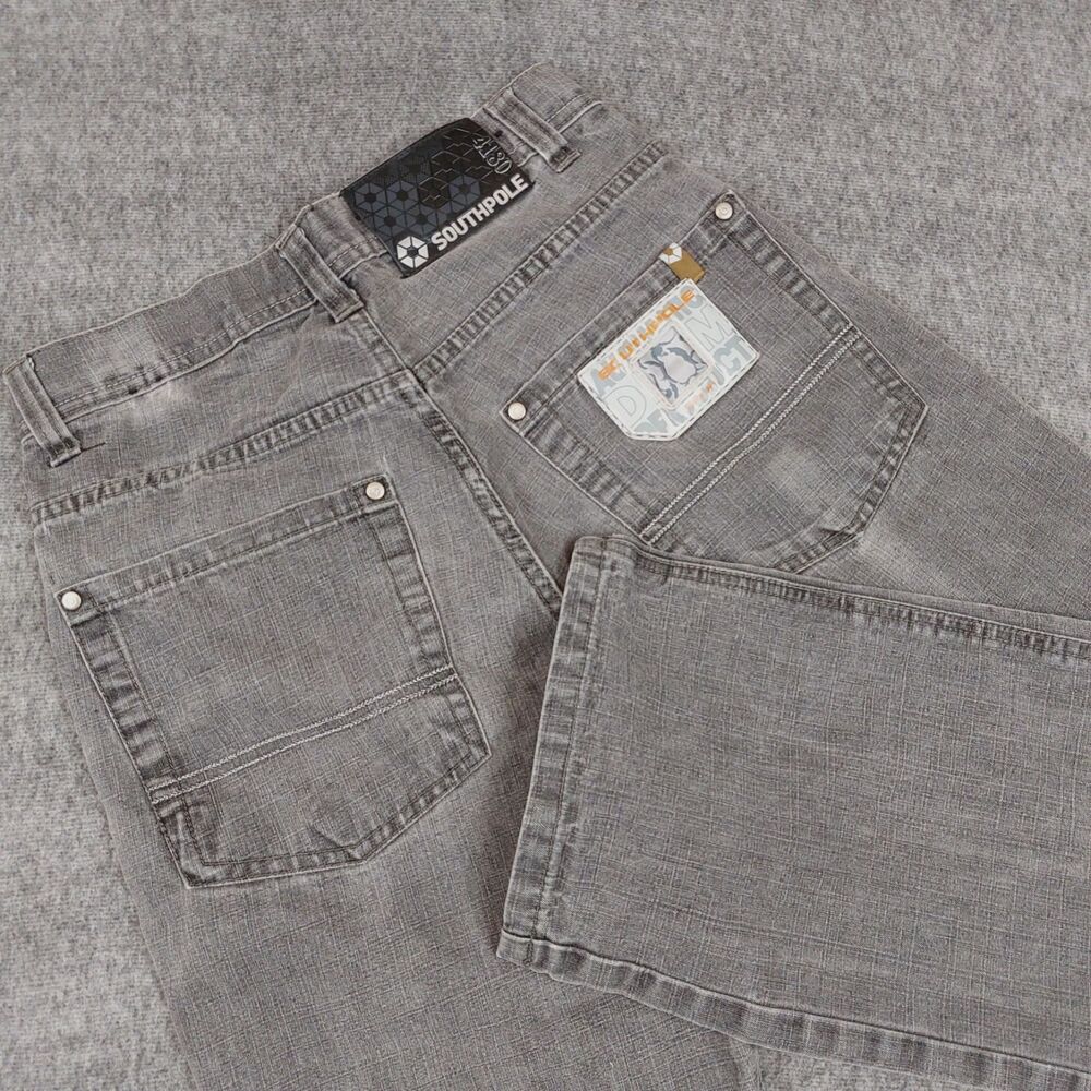Southpole 4180 Jeans Men 29x28.5 Baggy Straight Leg Y2K Skater Wide Gray Patches